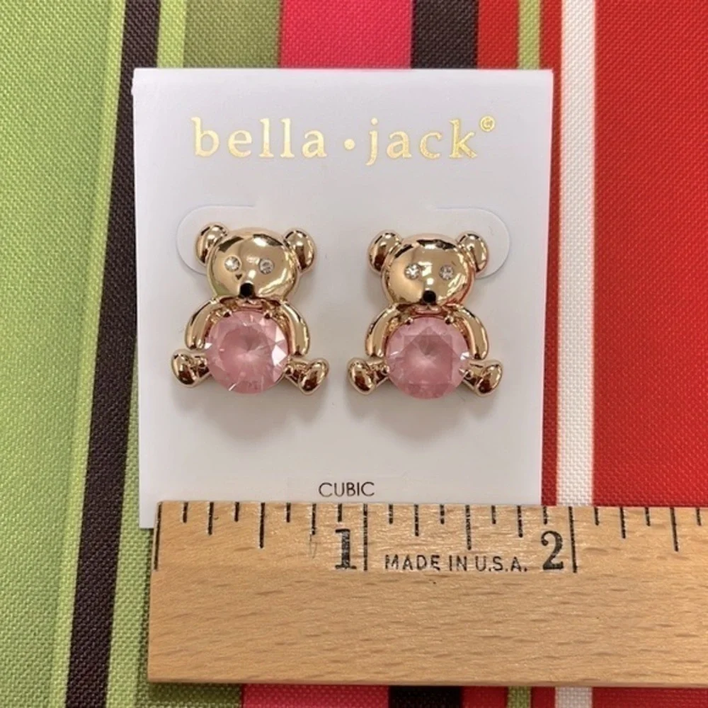 Brand New Bella Jack Teddy Bear Post Earring Gold Tone w/ Pink Stone